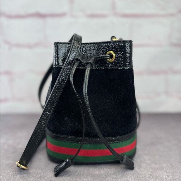 Gucci Crossbody Ophidia Web Black Suede Mini Drawstring Bucket - Picture 1 of 12